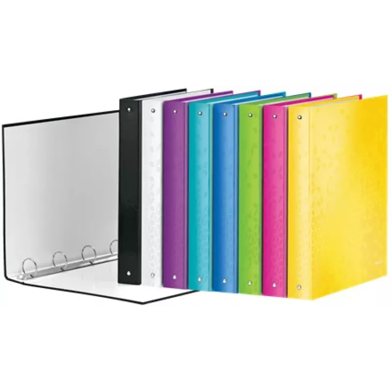 Leitz Ficheiro de anéis WOW laminado A4+ 4DR/25 mm, A4, anel redondo, armazenamento, cartão, preto, brilhante