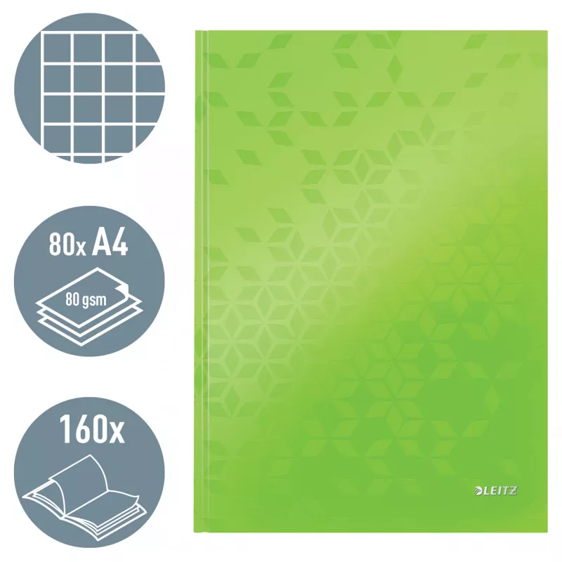 Leitz Caderno WOW A4 quadriculado com capa dura 90 g/m², 80 folhas, padrão, verde, A4, 80 folhas, 80 g/m², papel quadriculado