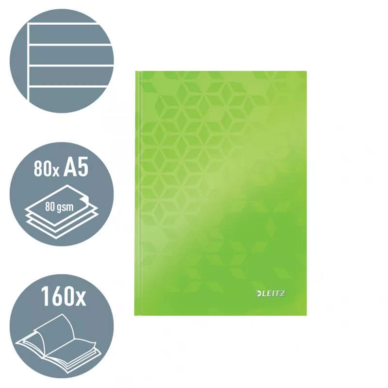 Leitz Caderno WOW A5 pautado com capa dura 90g/80 folhas, padrão, verde, A5, 80 folhas, 80 g/m², papel pautado