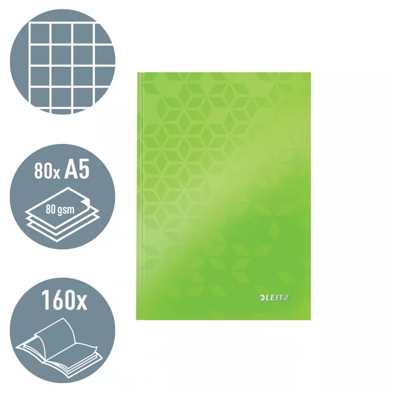 Leitz Caderno WOW A5 quadriculado com capa dura, padrão, verde, A5, 80 folhas, 80 g/m², quadriculado