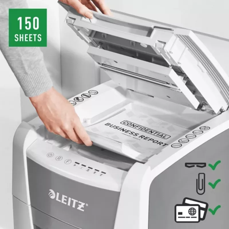 Leitz IQ Autofeed Office 150 Destruidora de papel automática P5, corte micro, 22 cm, 2 x 15 mm, 44 L, 500 folhas, 55 dB