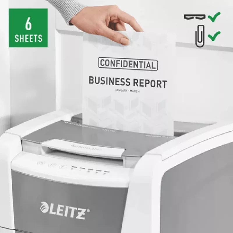 Leitz IQ Autofeed Office 150 Destruidora de papel automática P5, corte micro, 22 cm, 2 x 15 mm, 44 L, 500 folhas, 55 dB
