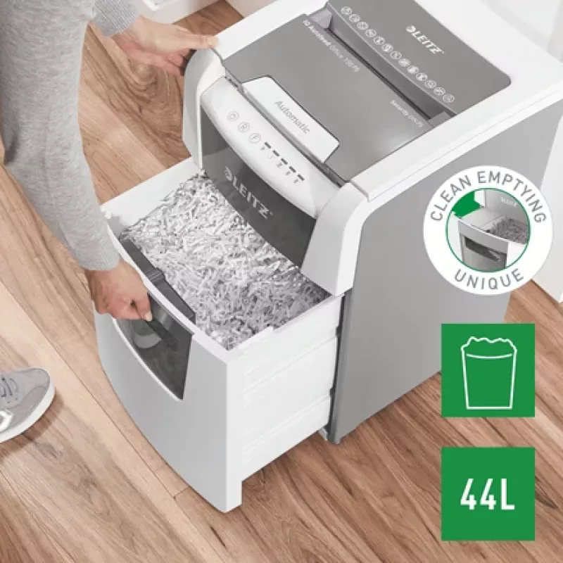 Leitz IQ Autofeed Office 150 Destruidora de papel automática P5, corte micro, 22 cm, 2 x 15 mm, 44 L, 500 folhas, 55 dB