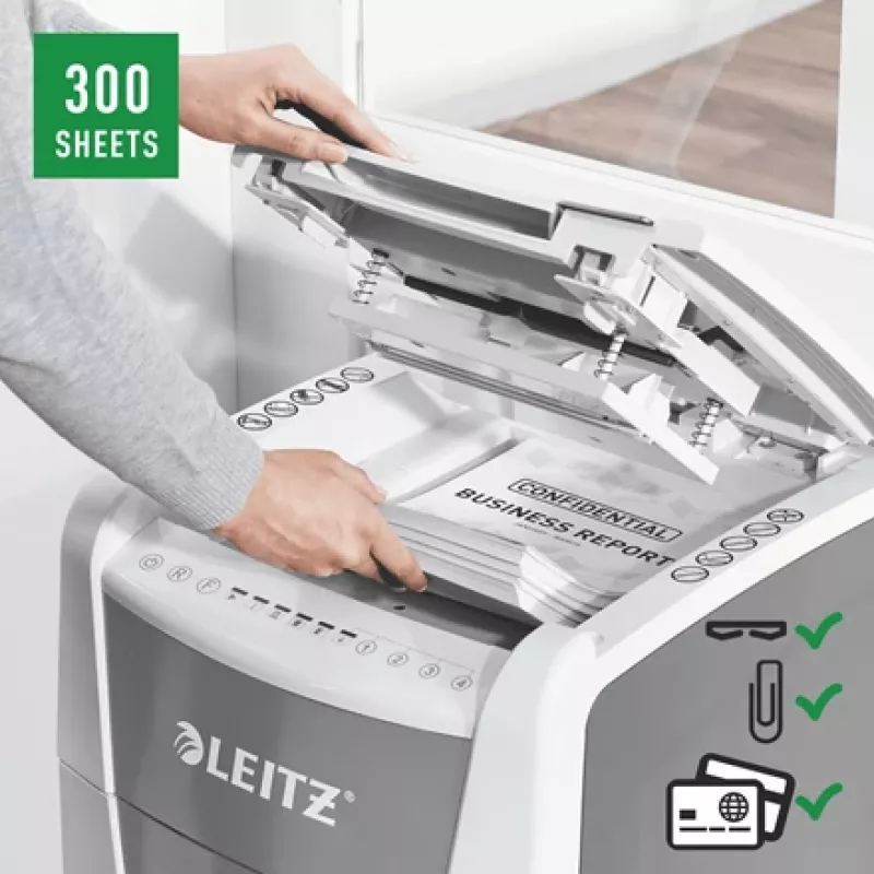 Leitz IQ Autofeed Office 300 Destruidora de documentos P5, corte micro, 22 cm, 2 x 15 mm, 60 L, 700 folhas, 55 dB