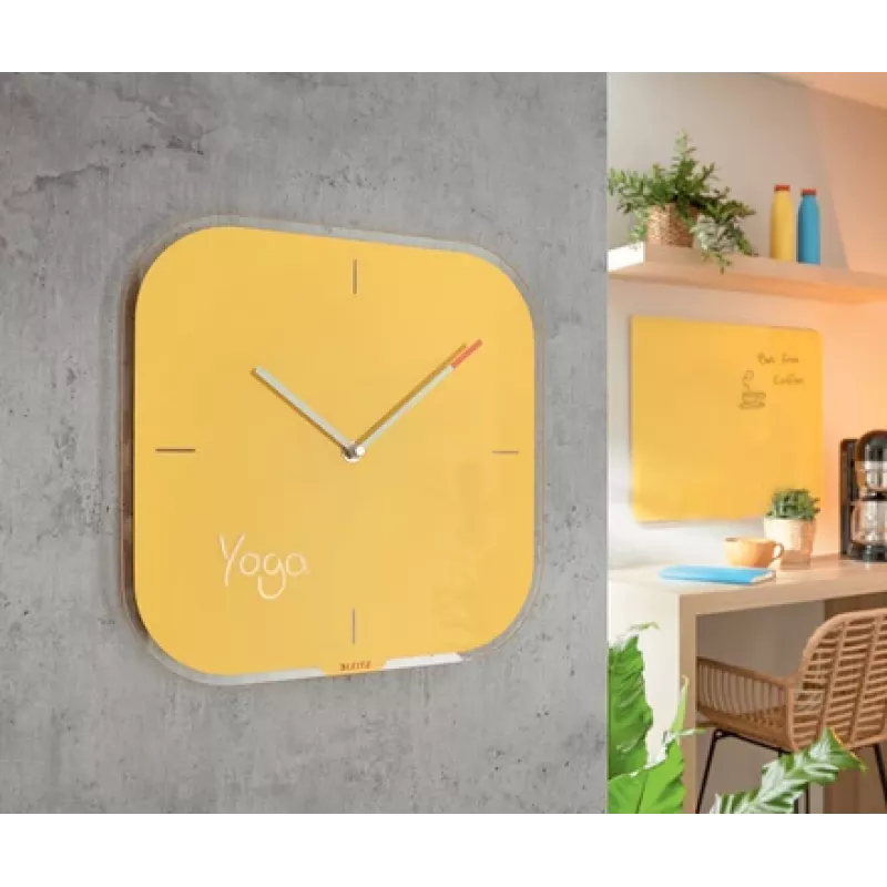 Leitz Cosy Relógio de parede de vidro silencioso, quadrado, amarelo, 300 mm, 300 mm, 40 mm, 1,6 kg