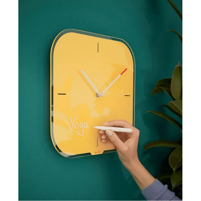 Leitz Cosy Relógio de parede de vidro silencioso, quadrado, amarelo, 300 mm, 300 mm, 40 mm, 1,6 kg