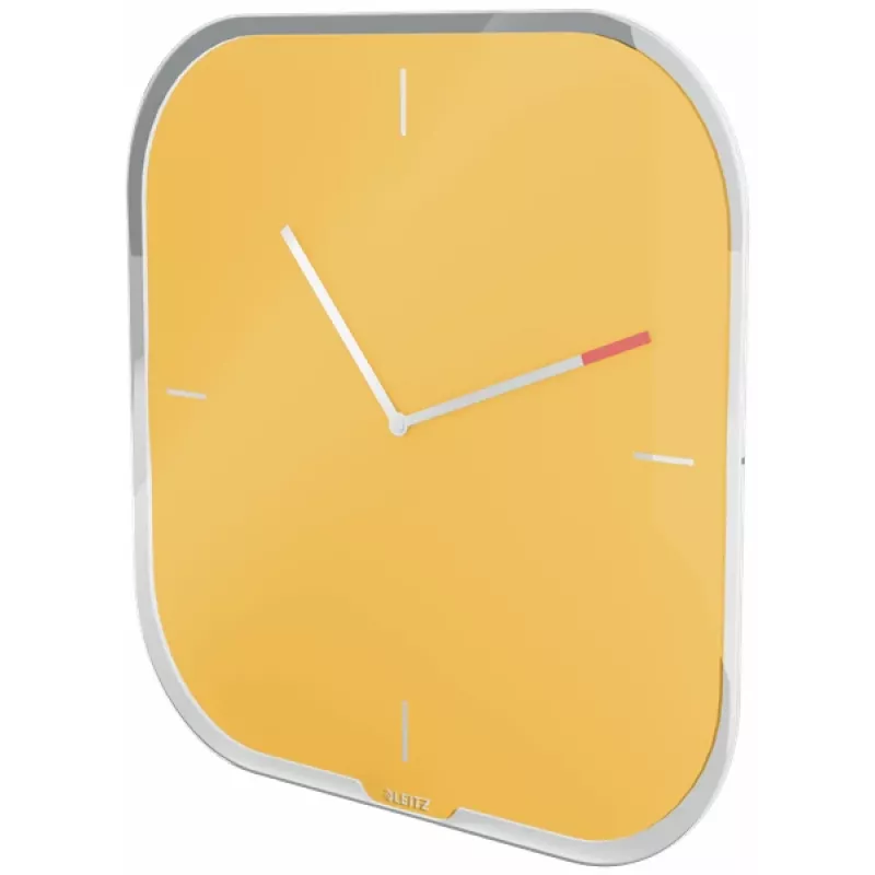 Leitz Cosy Relógio de parede de vidro silencioso, quadrado, amarelo, 300 mm, 300 mm, 40 mm, 1,6 kg