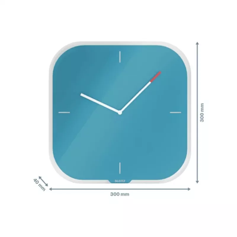 Leitz Cosy Relógio de parede de vidro silencioso, quadrado, azul, 300 mm, 300 mm, 40 mm, 1,6 kg