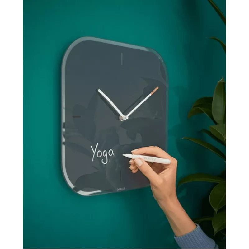 Leitz Cosy Relógio de parede de vidro silencioso, quadrado, preto, 300 mm, 300 mm, 40 mm, 1,6 kg