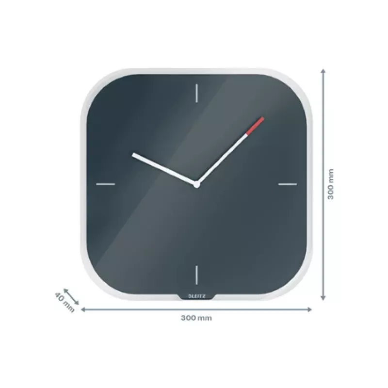 Leitz Cosy Relógio de parede de vidro silencioso, quadrado, preto, 300 mm, 300 mm, 40 mm, 1,6 kg