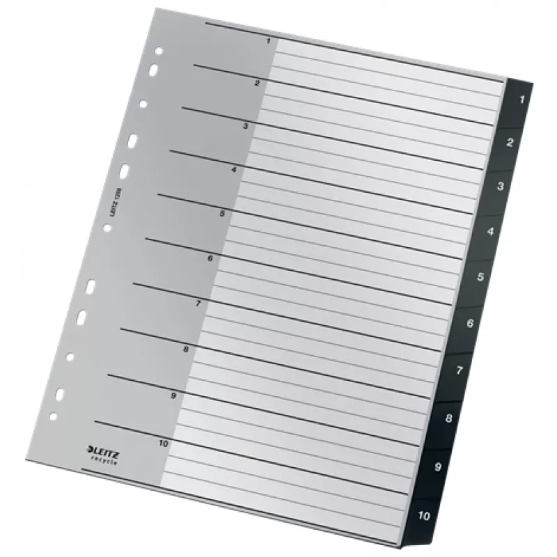 Leitz Recycle índice, PP, extralargo, separador numérico, polipropileno (PP), preto, branco, vertical, A4 Maxi, 160 g/m²