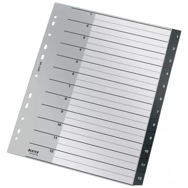 Leitz Recycle índice, PP, extralargo, separador numérico, polipropileno (PP), preto, branco, vertical, A4 Maxi, 160 g/m²