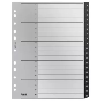 Leitz Recycle índice, PP, extralargo, separador numérico, polipropileno (PP), preto, branco, A4 Maxi, 160 g/m², 238 mm