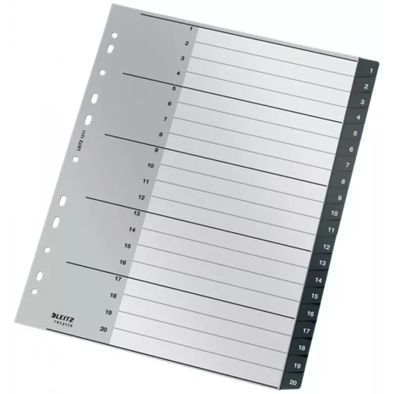 Leitz Recycle índice, PP, extralargo, separador numérico, polipropileno (PP), preto, branco, A4 Maxi, 160 g/m², 238 mm
