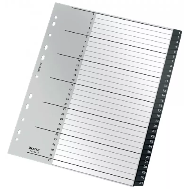Leitz Recycle índice, PP, extralargo, separador numérico, polipropileno (PP), preto, branco, vertical, A4 Maxi, 160 g/m²