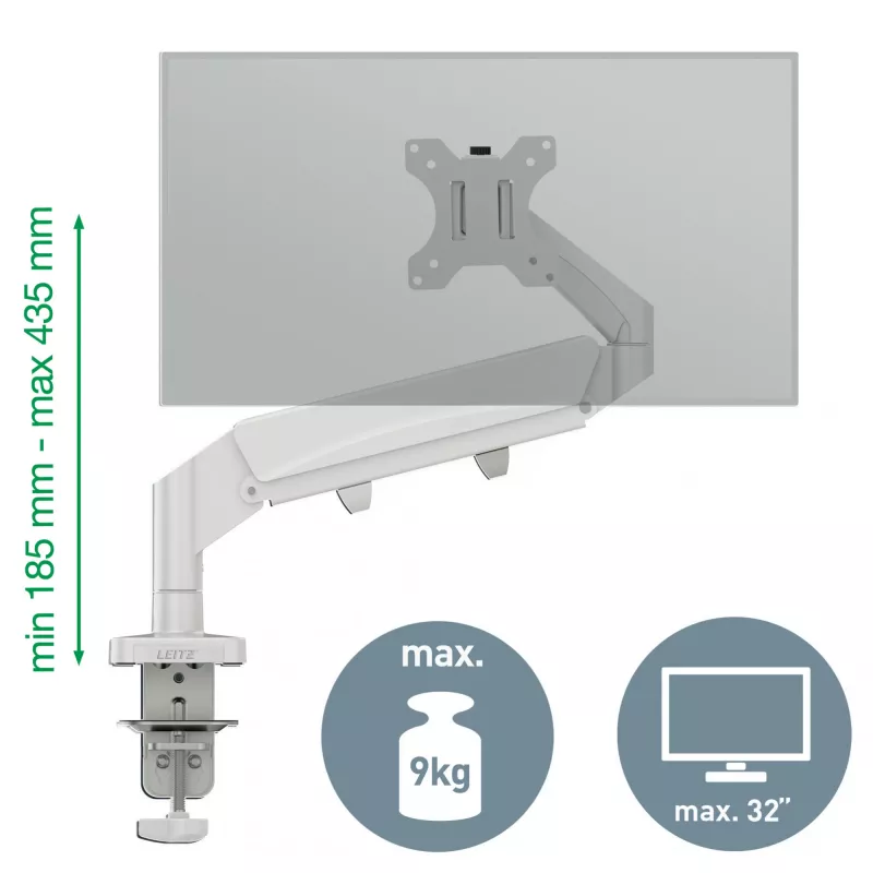 Leitz Ergo Braço de monitor único poupa-espaço, morsa/passagem de mesa, 9 kg, 43,2 cm (17