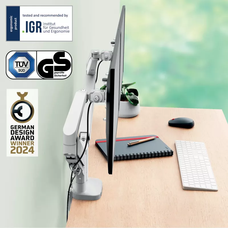 Leitz Ergo Braço duplo para monitor poupa-espaço, morsa/passagem de mesa, 18 kg, 43,2 cm (17