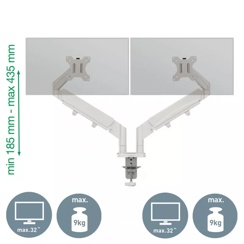 Leitz Ergo Braço duplo para monitor poupa-espaço, morsa/passagem de mesa, 18 kg, 43,2 cm (17