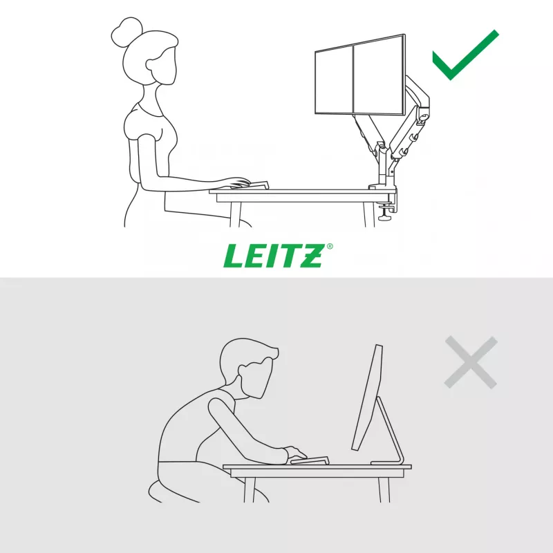 Leitz Ergo Braço duplo para monitor poupa-espaço, morsa/passagem de mesa, 18 kg, 43,2 cm (17