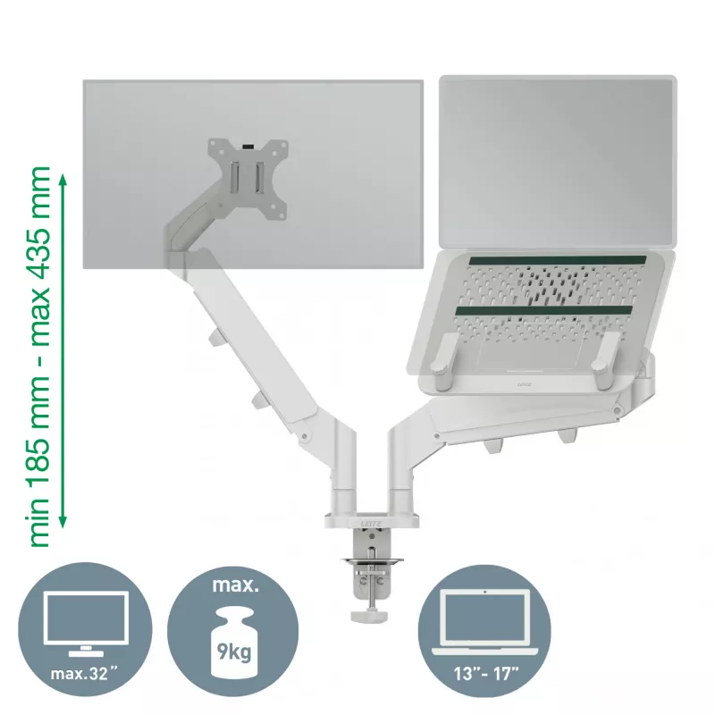 Leitz Ergo Braço duplo para monitor e portátil poupa-espaço, morsa/passagem de mesa, 9 kg, 33 cm (13
