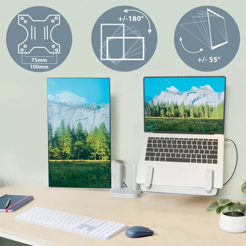 Leitz Ergo Braço duplo para monitor e portátil poupa-espaço, morsa/passagem de mesa, 9 kg, 33 cm (13
