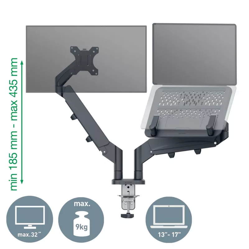 Leitz Ergo Braço duplo para monitor e portátil poupa-espaço, morsa/passagem de mesa, 18 kg, 43,2 cm (17