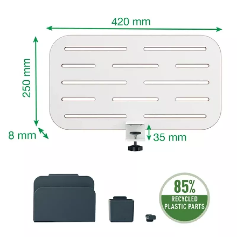 Leitz Ergo Small Pegboard Organizador de secretária, 42x25 cm, MDF, plástico reciclado, borracha, branco, montagem com grampo, Letter, papel, imagem, 450 x 61 x 330 mm, 450 mm