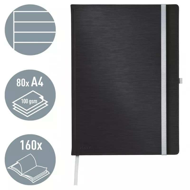 Leitz Style caderno A4 pautado com capa dura, monocromático, preto, A4, 80 folhas, 100 g/m², papel pautado