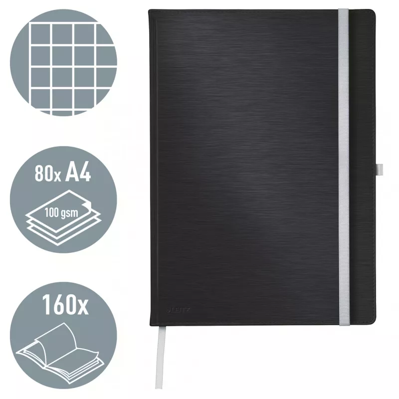 Leitz Style caderno A4 quadriculado com capa dura, monocromático, preto, A4, 80 folhas, 100 g/m², papel quadriculado