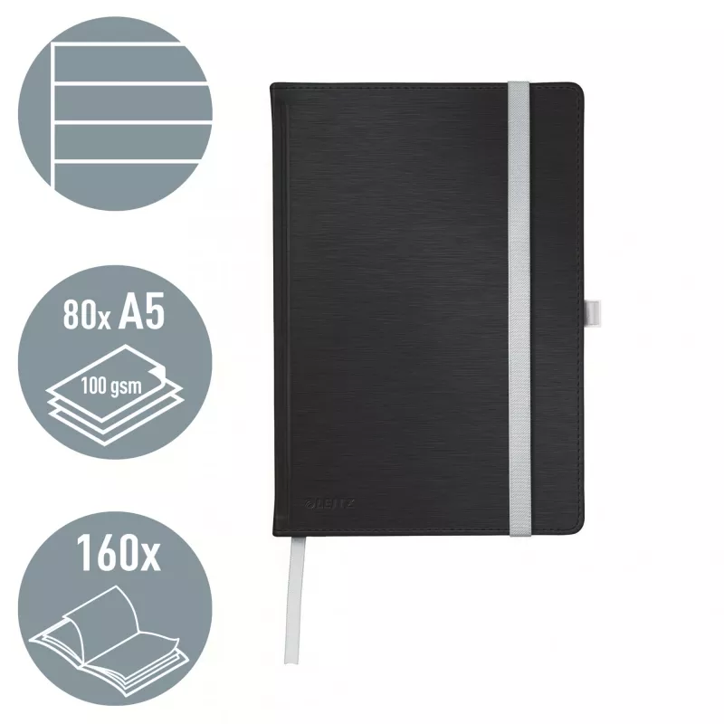 Leitz Style caderno A5 pautado com capa dura, monocolor, preto, A5, 80 folhas, 100 g/m², papel pautado