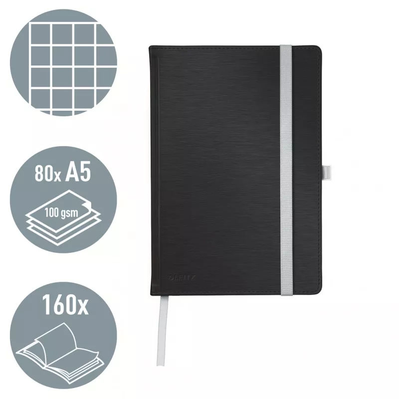Leitz Style caderno A5 quadriculado com capa dura, monocromático, preto, A5, 80 folhas, 100 g/m², papel quadriculado