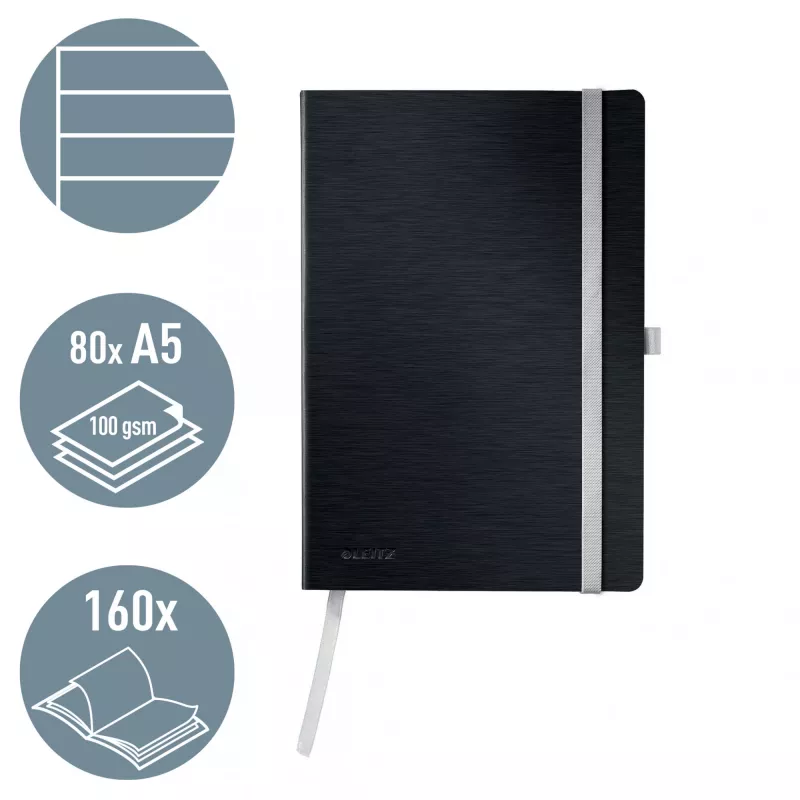 Leitz Style caderno A5 pautado com capa mole, monocromático, preto, A5, 80 folhas, 100 g/m², papel pautado