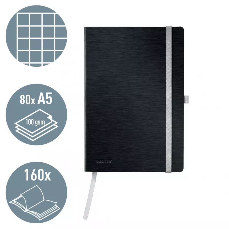 Leitz Style caderno A5 quadriculado com capa mole, monocromático, preto, A5, 80 folhas, 100 g/m², papel quadriculado