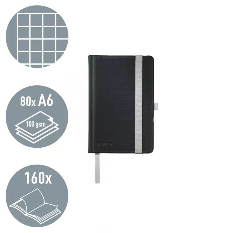Leitz Style caderno A6 quadriculado com capa dura, monocromático, preto, A6, 80 folhas, 100 g/m², papel quadriculado