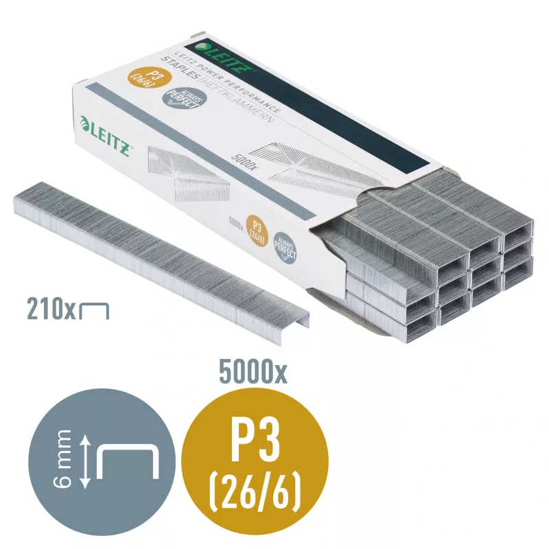 Leitz agrafos P3 26/6 caixa com 5000 unidades, embalagem de agrafos, 26/6, 6 mm, 210 agrafos, agrafar, 26/6