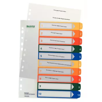 LEITZ separadores de plástico, números, A4 extra largo, 1-10, imprimível em PC, transparente com separadores coloridos, PP, 10 peças (1293-00-00)