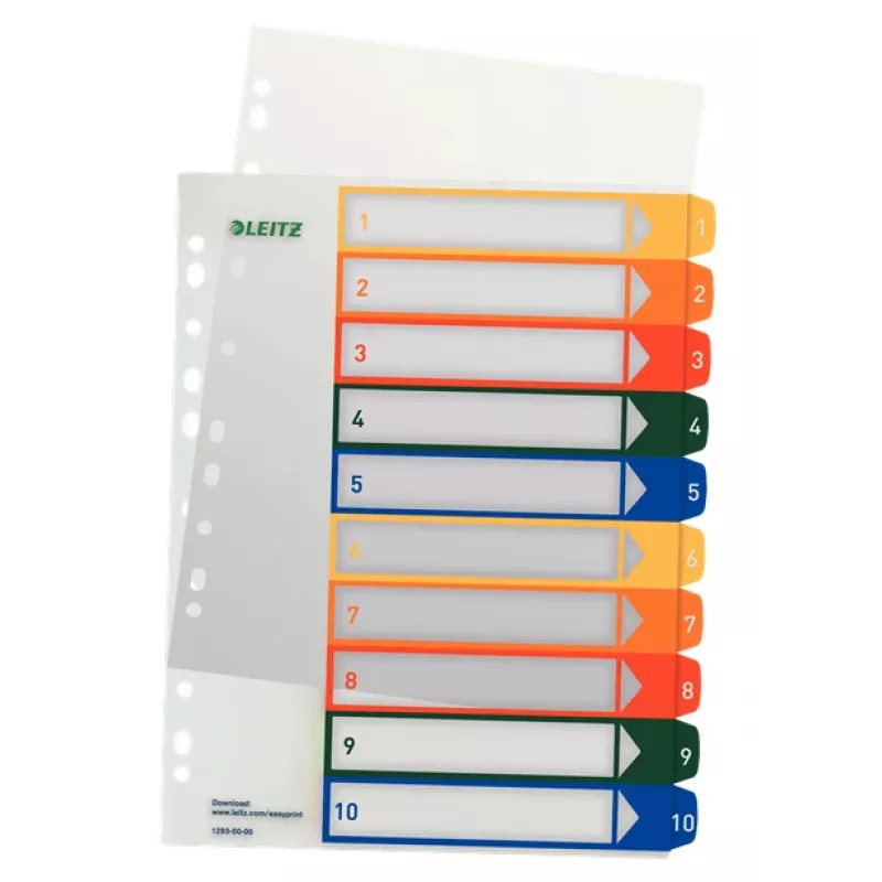 LEITZ separadores de plástico, números, A4 extra largo, 1-10, imprimível em PC, transparente com separadores coloridos, PP, 10 peças (1293-00-00)