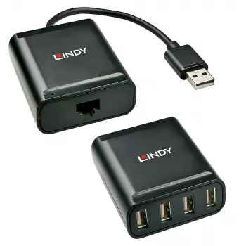 Lindy 60 m Extensor USB 2.0 Cat.6 de 4 portas, USB 2.0, RJ-45, USB 2.0, preto, metal, 52 mm, 60 mm