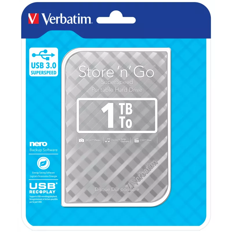 Verbatim Store 'n' Go disco rígido USB 3.0 1 TB prateado, 1 TB, 3.2 Gen 1 (3.1 Gen 1), 5400 RPM, prateado