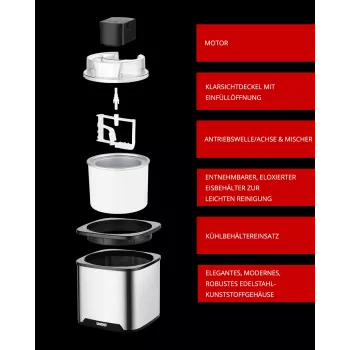 Unold máquina de gelados Gelato 1,5 L, máquina de gelados tradicional, 1,5 L, 1 tigela, preto, aço inoxidável, 30 min, LCD