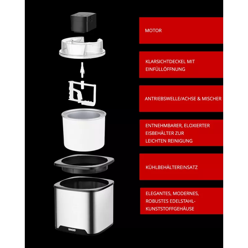 Unold máquina de gelados Gelato 1,5 L, máquina de gelados tradicional, 1,5 L, 1 tigela, preto, aço inoxidável, 30 min, LCD