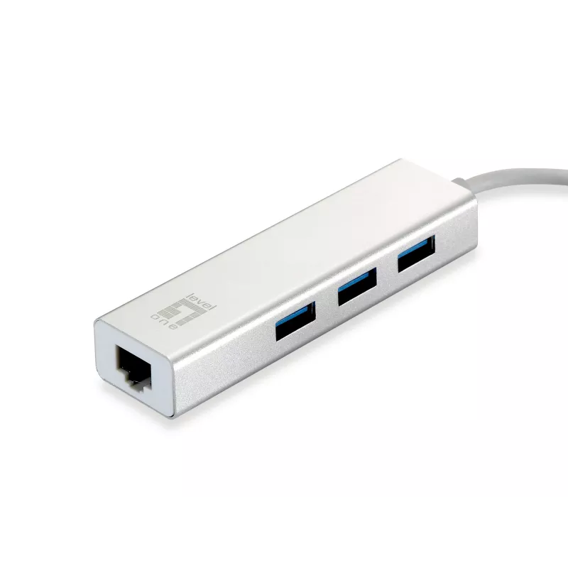 Adaptador de rede LevelOne Gigabit USB, hub USB, com fios, USB, Ethernet, 1000 Mbit/s, prateado, branco