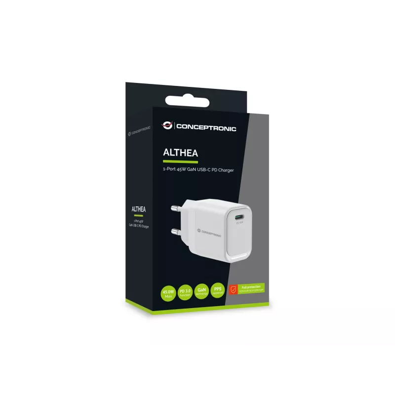 Carregador CONCEPTRONIC ALTHEA19W45 1 porta 45W GaN USB-C PD com PPS, PD 3.0, 100–240V, branco