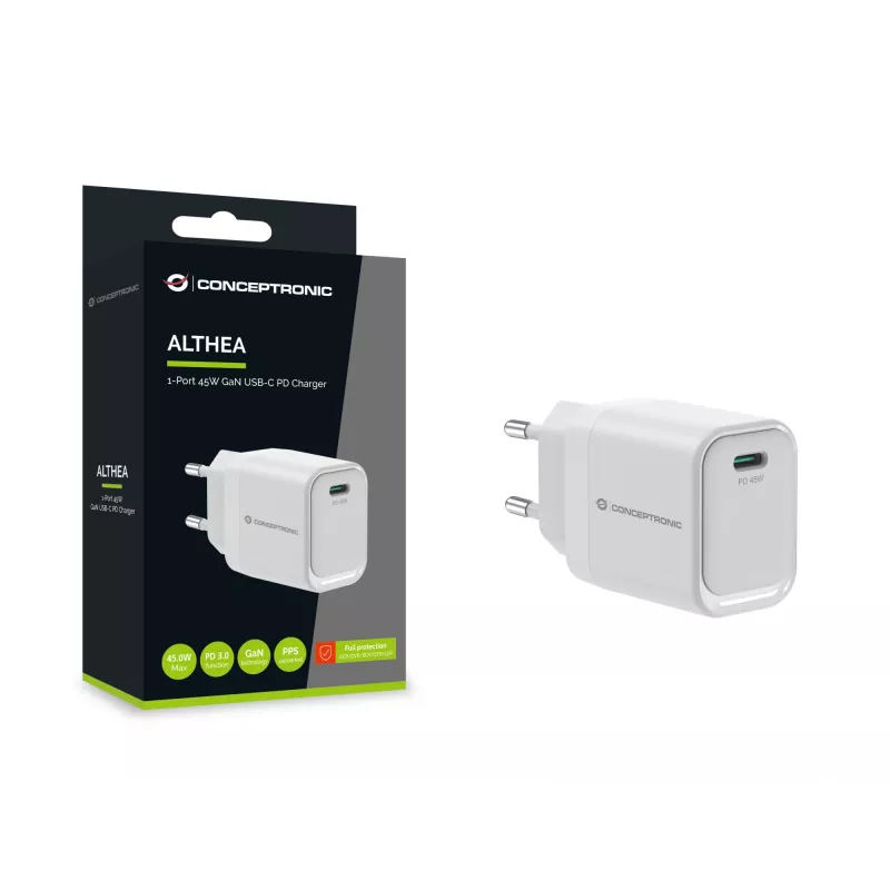 Carregador CONCEPTRONIC ALTHEA19W45 1 porta 45W GaN USB-C PD com PPS, PD 3.0, 100–240V, branco