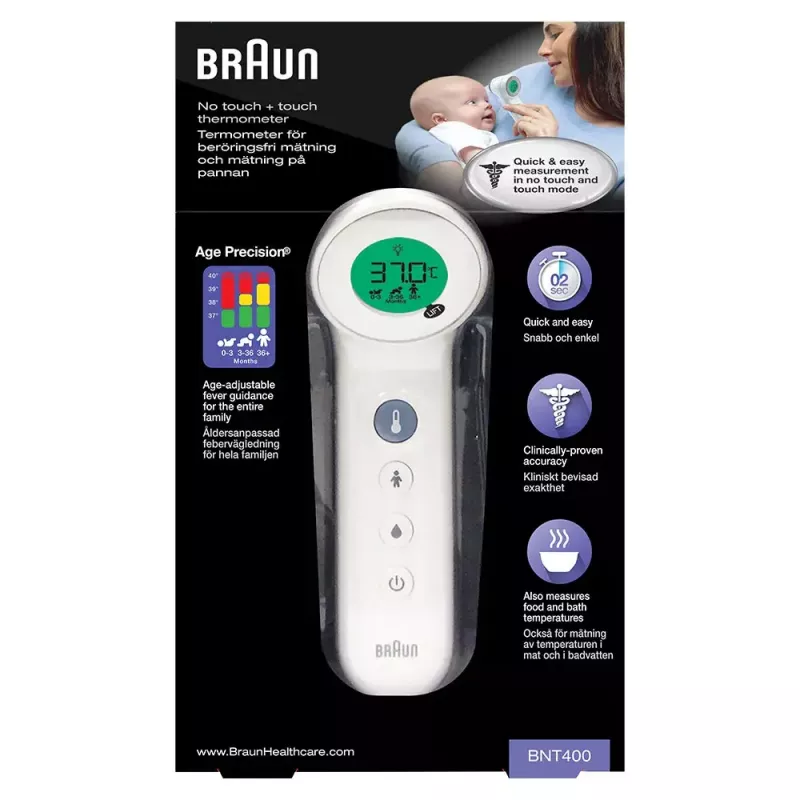 Termómetro digital de testa BRAUN BNT400 — medição à distância, intervalo 34–43 °C, precisão 0,1 °C, branco