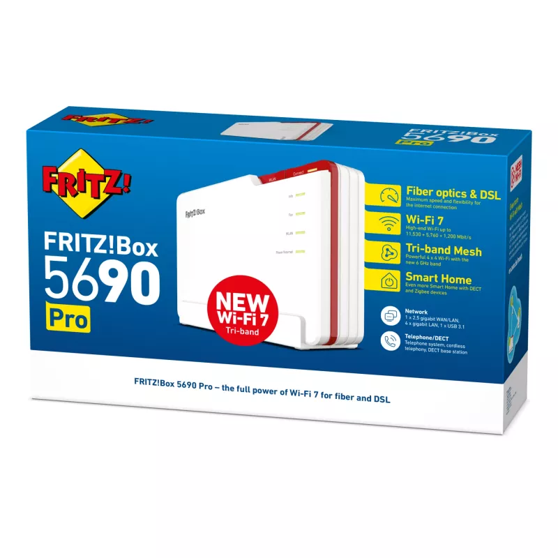 Box FRITZ! 5690 Pro International Router Wi-Fi 2,5 Gigabit Ethernet Tri-Band (2,4 GHz / 5 GHz / 6 GHz) branco