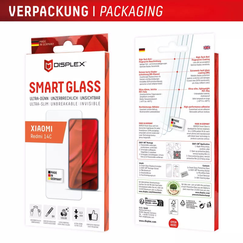 Displex Smart Glass (9H) para Xiaomi Redmi 14C, autocolante de montagem, inquebrável