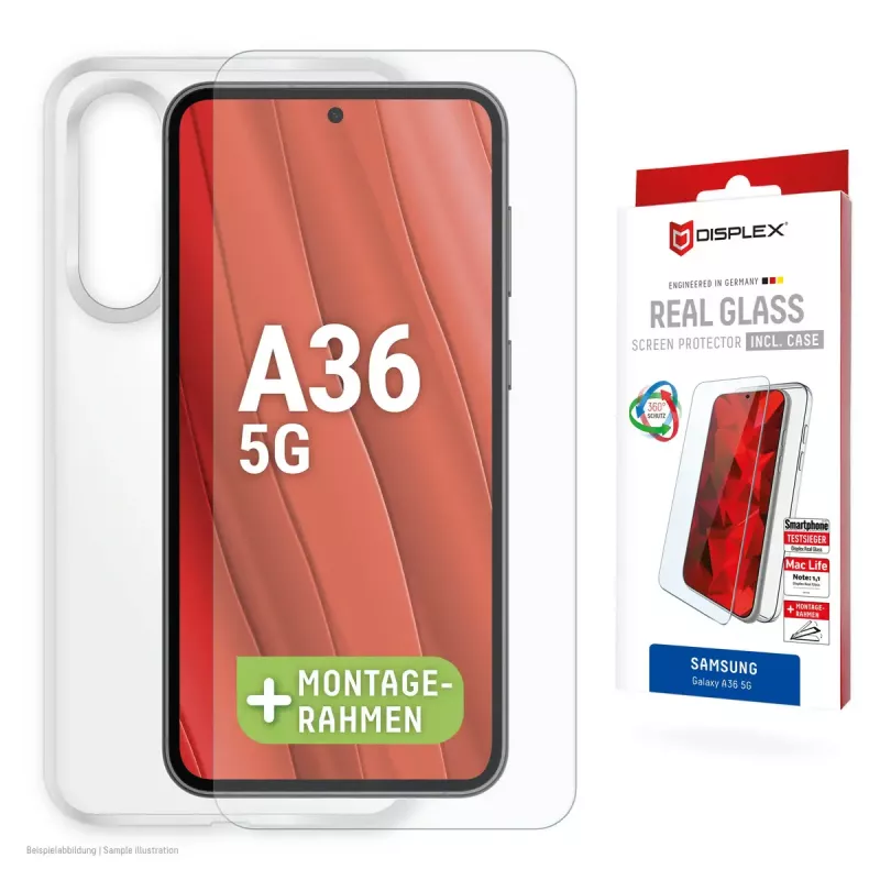 Tempered Glass Screen Protector + Case para Samsung Galaxy A36 da e.v.i., moldura de montagem Eco, anti-riscos, transparente