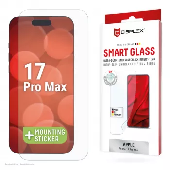 Displex Smart Glass (9H) para Apple iPhone 17 Pro Max, autocolante de montagem, inquebrável