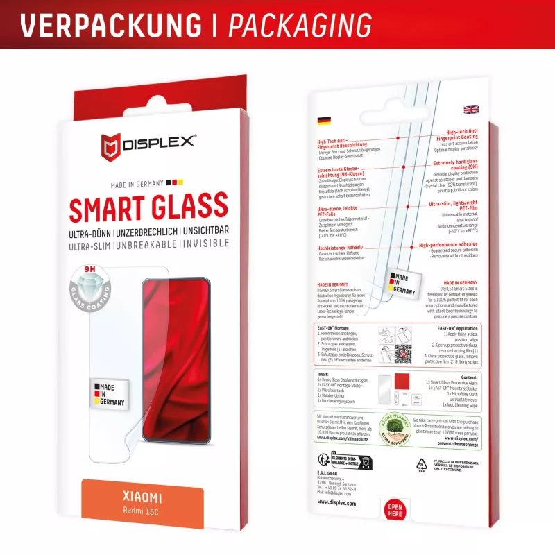 e.v.i. DISPLEX Smart Glass para Xiaomi Redmi 15C — película de vidro temperado, modelo 02198